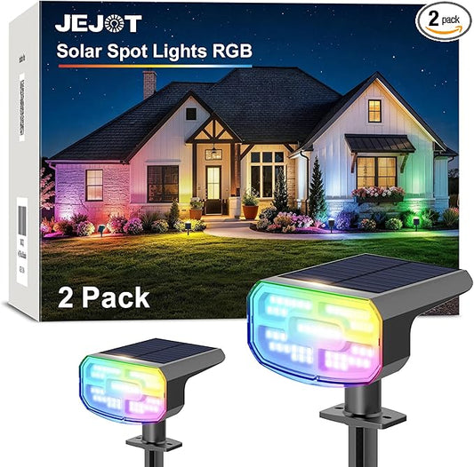 JEJOT Color Changing Solar Spot Lights Outdoor Waterproof IP65,8 Lighting Modes Multicolor RGB Christmas Spotlight for Porches Yard Gardens Landscape Deconrations-2 Pack