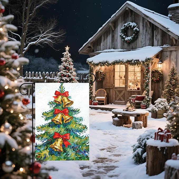 Christmas Garden Flag 12x18 Inch Green Yellow Red Xmas Tree Bell Bowknot Winter Holiday Decorative Yard Flags for Outside Double Sided Seasonal Outdoor Home Farmhouse Decoration Porch New Year Decor