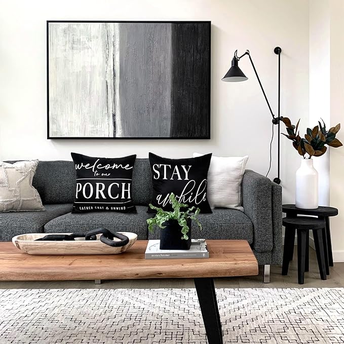 TAJWE Outdoor Pillow Covers Waterproof 16x16 Set of 2 Black and White Decorative Welcome to Our Porch Stay Awhile Cushion Cases for Patio Furniture Sofa Couch Decor
