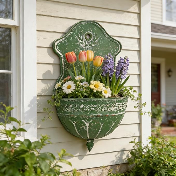 Vintage Rustic Wall Planter Distressed Decor Iron Hanging Plant Basket Shabby Metal Wall Mounted Flower Holder Pot Stand for Indoor Outdoor Home Balcony Patio Farmhouse Garden Decorative Green