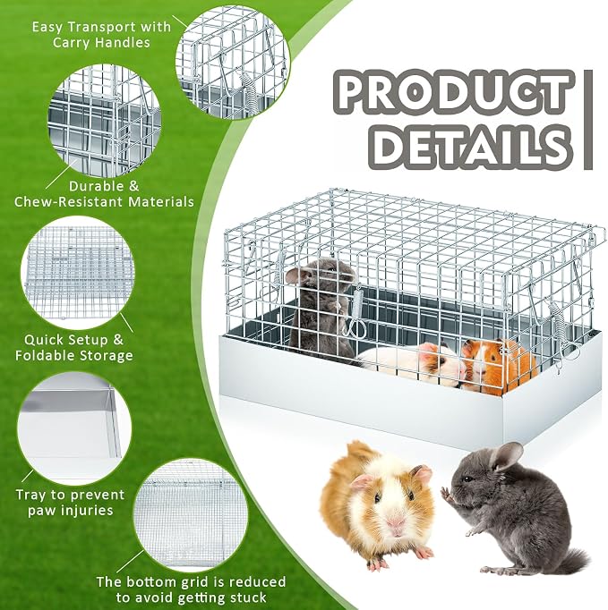DoubleFill 14x8x8 Inch 1 Hole Folding Guinea Pig Carrier Chinchilla Cage with Tray & Handle, Metal Small Animal Travel Portable Transport Habitat & Temporary Housing for Rabbit Chick Bird Hamster Pet