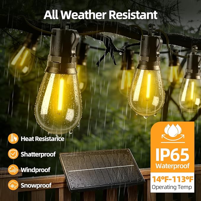 Solar Lights Outdoor Patio Lights: S14 15M 50FT Solar Powered Remote Control 3 Light Modes Dimmable Solar Waterproof Light - Shatterproof Bulbs - Camping Backyard Garden Deck Outside Yard
