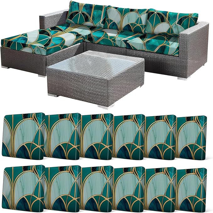 CALBODE 12Pcs Stretch Patio Cushion Cover, Art Deco Geometric Pattern Couch & Sofa Slipcovers for Patio Furniture Cushions Washable Reusable Couch Covers Replacement for All Season(Green, Cover Only)