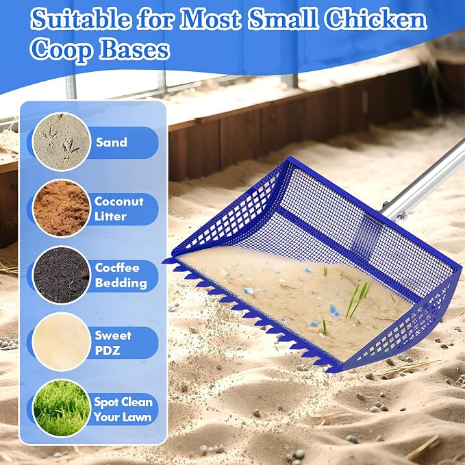 Chicken Poop Scooper Rake 2-in-1,304 Stainless Steel Shovel Head, Chicken Litter Scoop with Handle for Chicken Coop for Sand, Pet Waste Cleaning, Litter Sifting Shovel (35 to 65") (Blue, 12inch)