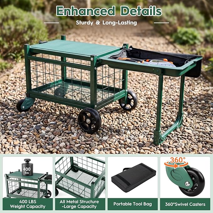 Rolling Garden Cart with Seat, Metal Garden Work Seat with 360° Swivel Wheels, Storage Basket, Workbench, and Tool Bag, Upgraded Heavy Duty Gardening Wagon and Stool for Seniors