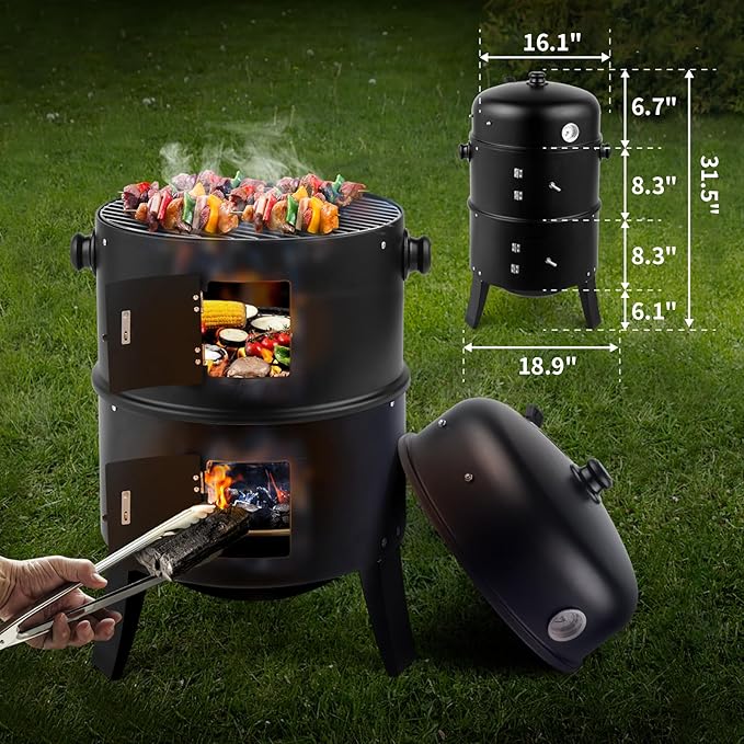 Outvita Vertical 17 Inch Charcoal BBQ Smoker, 3-in-1 Portable Outdoor Grill Cooker with Built-in Thermometer for Outdoor Backyard Cooking Grilling Camping