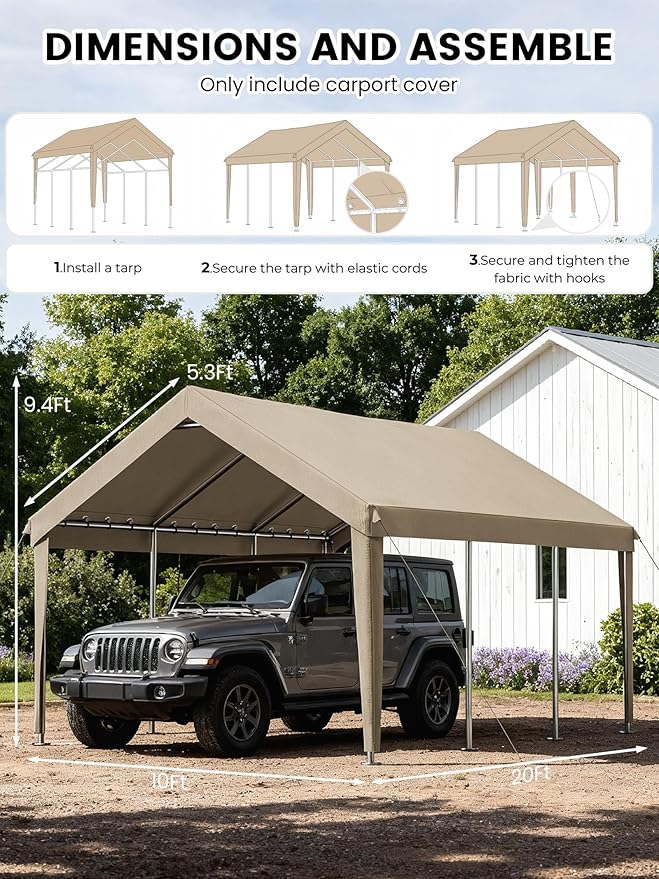 10 x 20 Ft Carport Replacement Cover, Heavy Duty Outdoor Car Tarp Canopy, Waterproof & UV Protected Tear Oxford Tarp with Ball Bungees (Frame is Not Included)