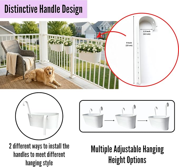 LaLaGreen Outdoor Rail Planter (17 Inch, 3 Pack) Large Porch Railing Planters White Metal Planters Balcony Apartment Hanging Deck Garden Patio Fence Flower Pots Plants Hang Decorations Baskets Pot