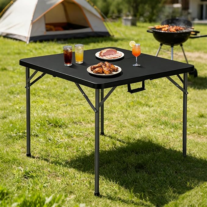 Lakhow 34" Square Folding Table, Plastic Commercial Folding Card Table with Collapsible Legs for Kitchen or Outdoor Party Wedding Event Indoor Outdoor Use, Black