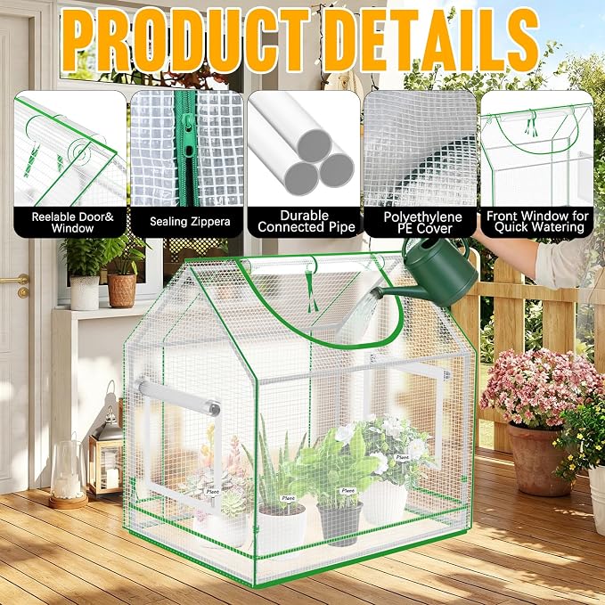 Mini Greenhouse Indoor with Waterproof PE Bottom Mat, 27.5x19.6x27.1in Tabletop Greenhouse for Seed Starting, Portable Small Greenhouse for Outdoors, Multi-Window Design & 4 304 Stainless Steel Labels