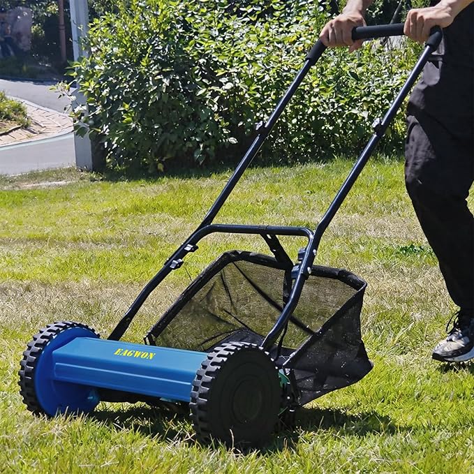 14-Inch 5-Blade Manual Push Reel Lawn Mower Cordless, with Removable Grass Catcher Bag & Adjustable Cutting Height, for Yard & Garden Grass Cutting, Blue