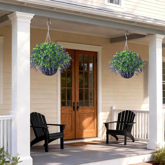 VIERENA Artificial Lavender and Eucalyptus Leaves Hanging Basket - 2 Set for Outdoor Decorations,Fake Flower Hanging Basket UV-Resistant for Porch, Home Garden, Farmhouse, Eaves, Yard Decor