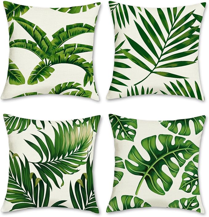 Bonhause Tropical Leaves Throw Pillow Covers 18 x 18 Inch Set of 4 Green Palm Leaf Decorative Pillow Cases Polyester Linen Outdoor Cushion Covers for Sofa Couch Garden Home Decor