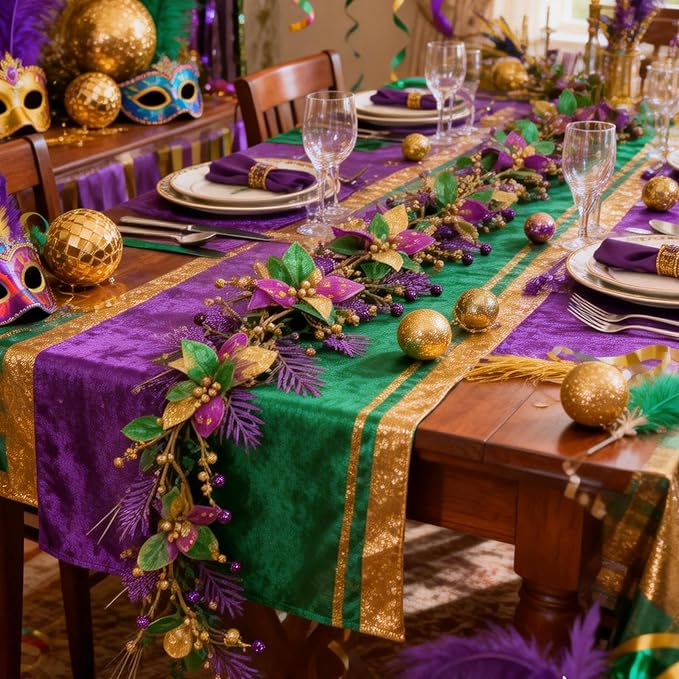 70 Inch Mardi Gras Glitter Garland, Purple Gold Green Poinsettia Flower Garland with Balls for Mantel, Door, Walls, Carnival Indoor Outdoor Home Decor