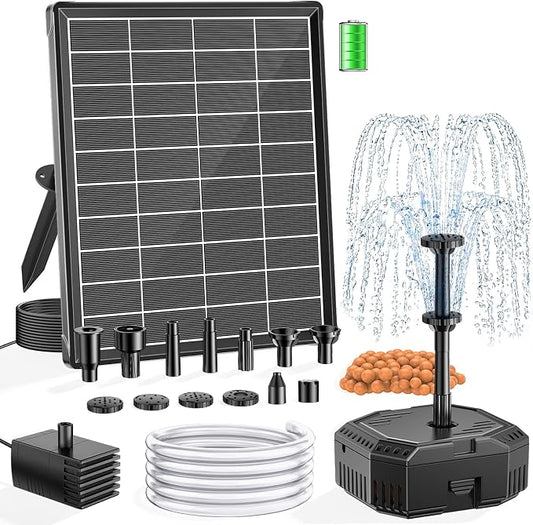 NFESOLAR 6.5W Solar Fountain Pump with 3600mAh Battery, Solar Water Fountain & Pond Filter Box kit, 3.94FT Tubing, 8 Nozzles, Dry-Run Protection Water Pump for Small Ponds, Bird Baths & Garden