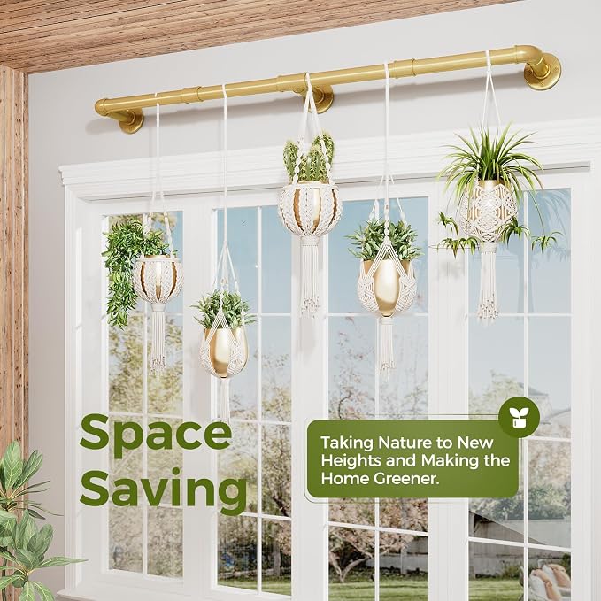 Bamworld Plant Hanger Indoor Hanging Planters for Indoor Plants Hanging Plant Holder Window Plant Rod Gold Metal Shelves 63 Inch