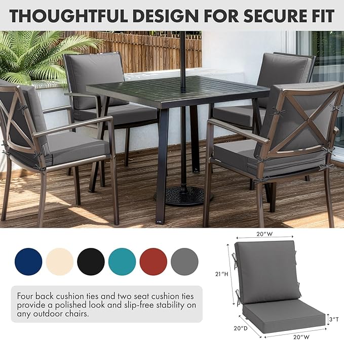 MIULEE Dark Grey Outdoor Dining Cushion 20x20 Inch Waterproof & 3 Year Color Fastness Deep Seat and Back Cushion for Patio Furniture Chair with Ties