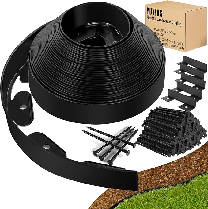 Landscape Edging - 2” x 80’ Garden Edging Border with 100 Stakes, Thickened Top Edge (0.15”) No Dig Lawn Edging for Landscaping for Garden Bed, Yard, Flower Bed Border Edging for Outdoor