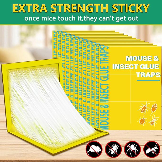 12 Pack Sticky Mouse Traps, Sticky Traps for Rats Mice Rodents Snakes No Touch Indoor Mouse Traps for Home Kitchen Garage Attic Basements, Easy to Set, Yellow