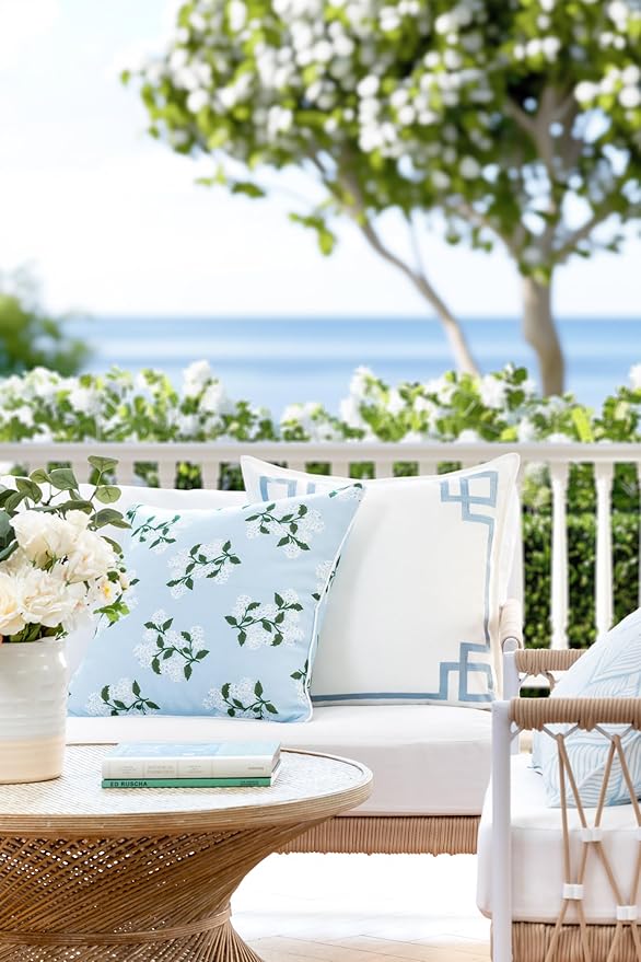 Hofdeco Premium Coastal Patio Indoor Outdoor Throw Pillow Cover Only, 20"x20" Water Repellent for Backyard, Couch, Baby Blue Embroidered Frame Greek Key