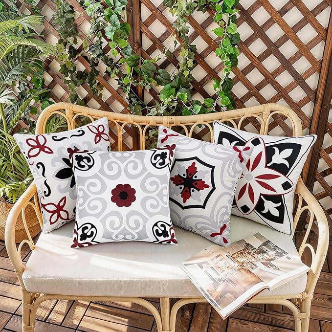 Pyonic Black White Gray Outdoor Pillows Waterproof Throw Pillow Covers Set of 4 Floral Printed and Boho Farmhouse Outdoor Pillow Covers for Patio Funiture Garden 18x18 Inch
