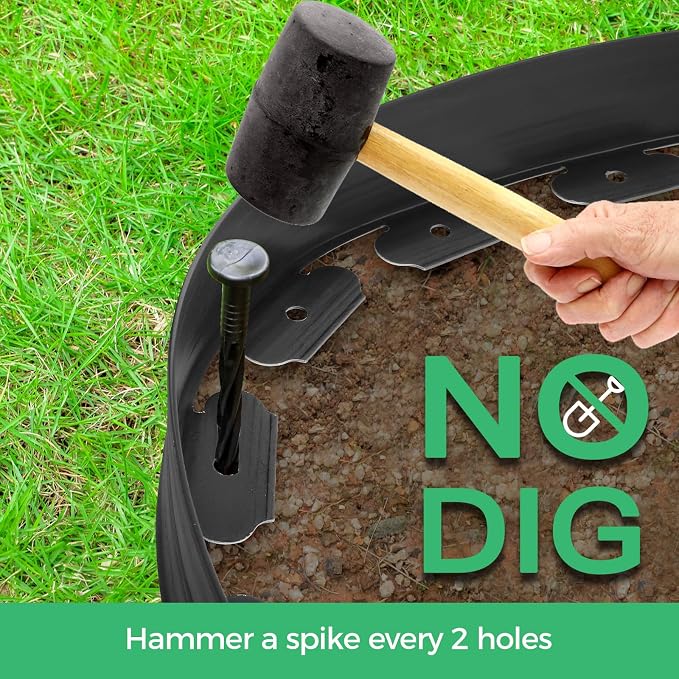 4-Inch x 33 FT Landscape Edging Border with 50 Spikes, No Dig Garden Edging Lawn Border Kit, Plastic Mulch Border Flexible for Garden Flower Beds Lawn Yard Pathway Paver (Black)