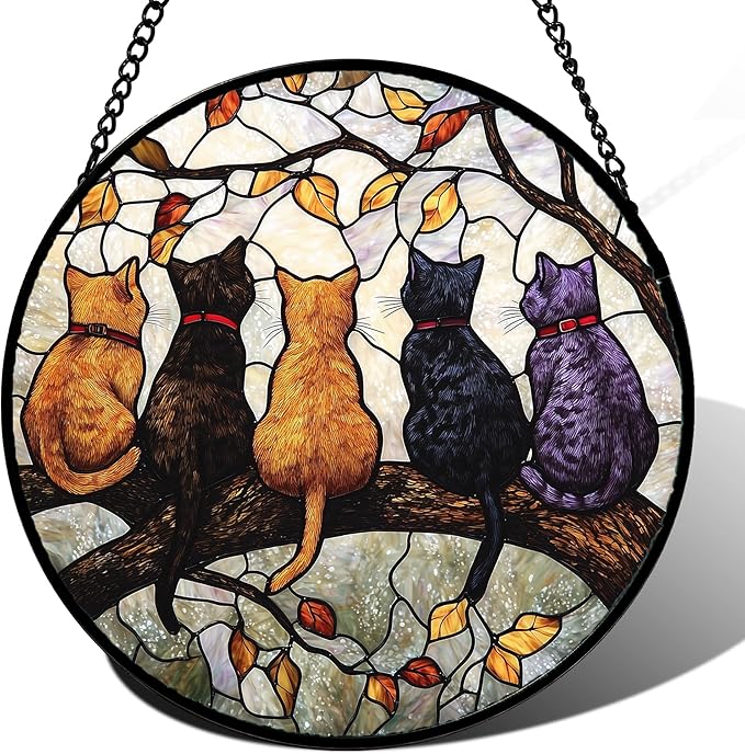 DASTOLL Stained Glass Window Hanging - 5 Cats on a Branch Suncatcher for Window Doors Home Decoration and Christmas, Mother's Day Father's Day Birthday Gifts for Women, Men, and Mom 14.9x14.9 in