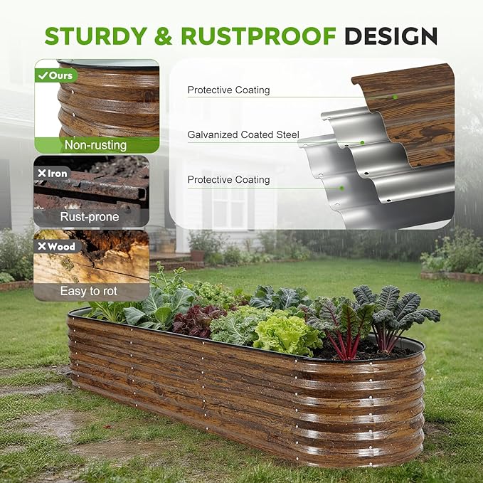 ZORMY Galvanized Raised Garden Bed Outdoor- 8x2x1.4ft Oval Steel Raised Beds for Gardening, Metal Planter Box with Protective Strip and Gloves for Vegetables, Flowers, Fruits(Brown)
