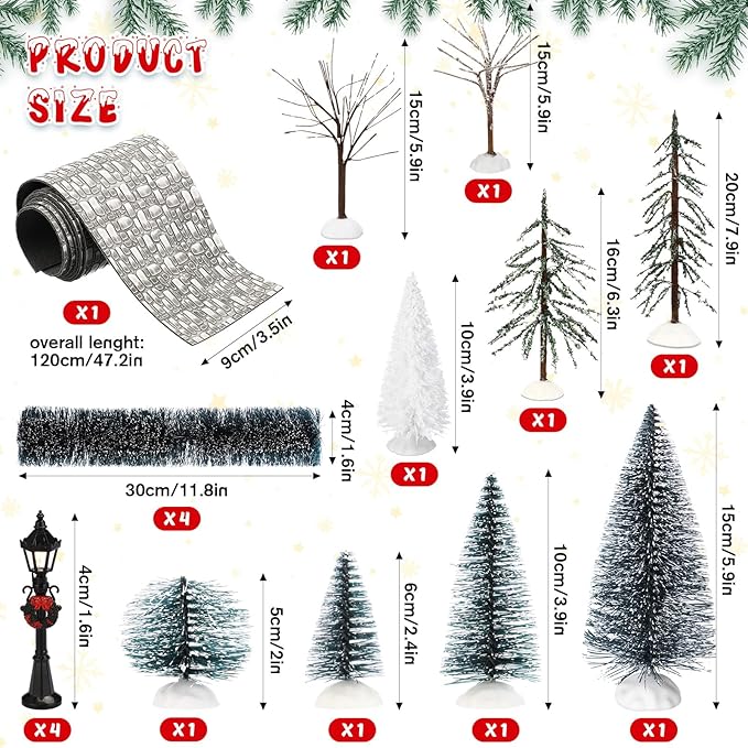 Hotop 18pc Christmas Village Accessories 47.2 Inch Village Roads Mini Snowy Trees Streets Light Lamppost Hedge Figurines Set for Display Winter Holiday Decorations DIY Crafts No Batteries(Exquisite)