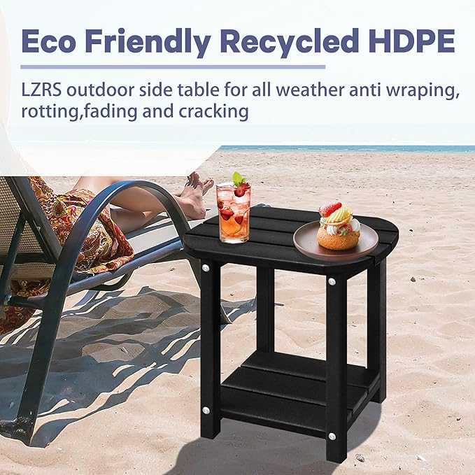 LZRS 2-Tier Patio Side Table, Heavy Duty HDPE Outdoor End Table with Wood Texture, Weatherproof Composite Table for Adirondack Chairs, Deck, Pool, Indoor/Outdoor, No Peeling Cracking(Black)