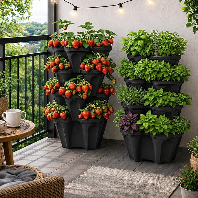 Vertical Garden Planter 4 Tier Stackable System 16 Plants, Space Saving Herb, Strawberry & Food Crop Planter with Center Support Hole for Indoor Outdoor Gardening (4, Midnight Black, Small)