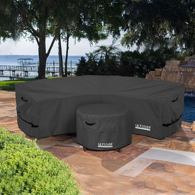 ULTCOVER Patio Curved Sofa Cover Waterproof for 2-3 Seater Outdoor Sectional Furniture Couch 94"(Back Arc Length) / 60"(Front Arc Length) x 32"(Deep), Black