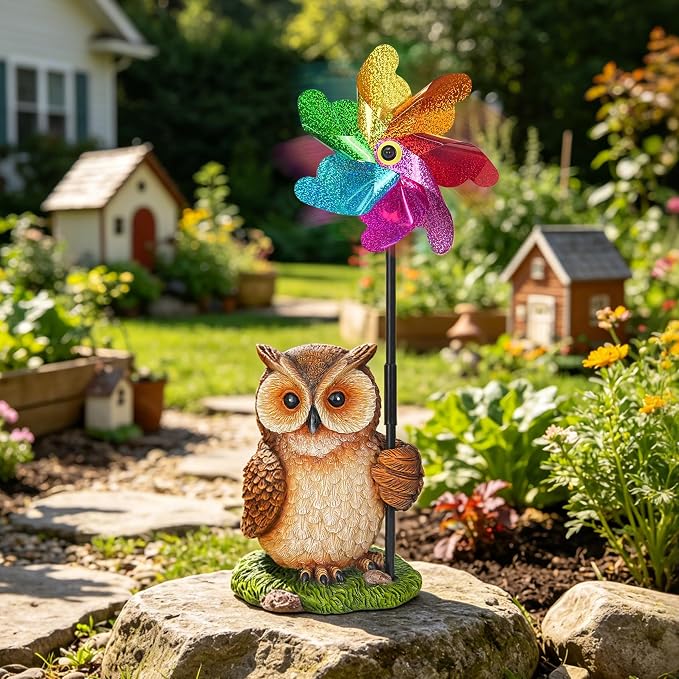 Owl Wind Spinners Garden Decor, Outdoor Resin Yard Statue & Colorful Reflective Spinners for Flower Bed, Lawn, Backyard Outdoor Decor Gifts for Women, Garden Lover