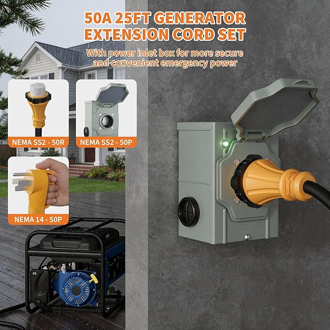 Garvee 50 Amp 25FT Generator Cord and Power Inlet Box Kit, NEMA 14-50P Male to SS2-50R STW 6/3+8/1 AWG 125/250V Twist Lock Connector with Pre-Drilled NEMA SS2-50P Inlet Box for House, ETL Listed