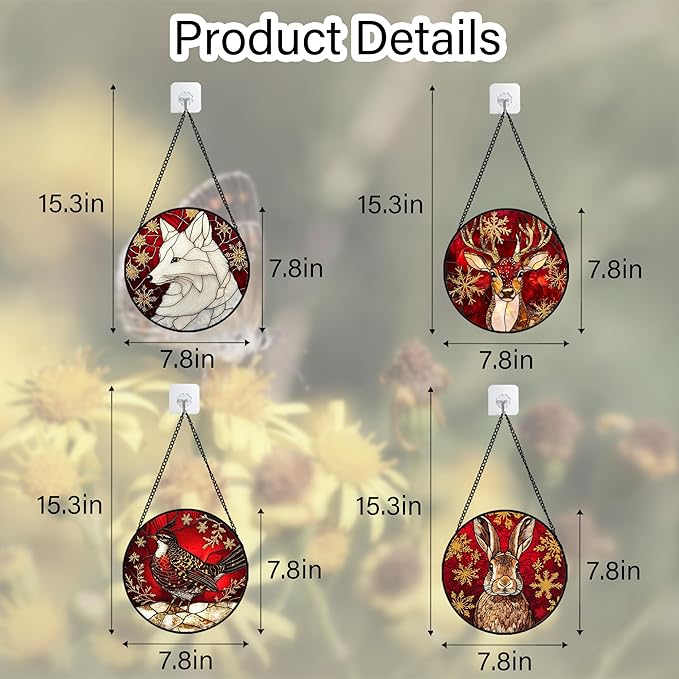 DASTOLL Stained Glass Window Hanging 4 Pcs Set Red Golden Snowflakes 7.8" - Christmas Elk Rabbit Suncatcher Door Garden Sun Catcher Decor Birthday for Mom Woman Nana Men