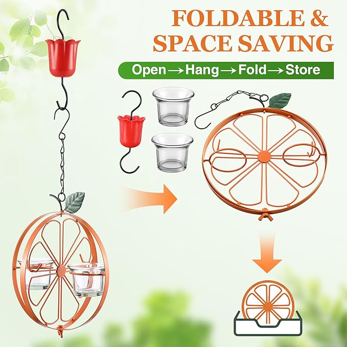 Oriole Feeder with Jelly Cups and Orange Holders, Oriole Bird Feeder for Outdoors Hanging, Foldable Orange-Shaped Jelly Feeders with Glass Bowls for Grape Fruit(2 Pack)