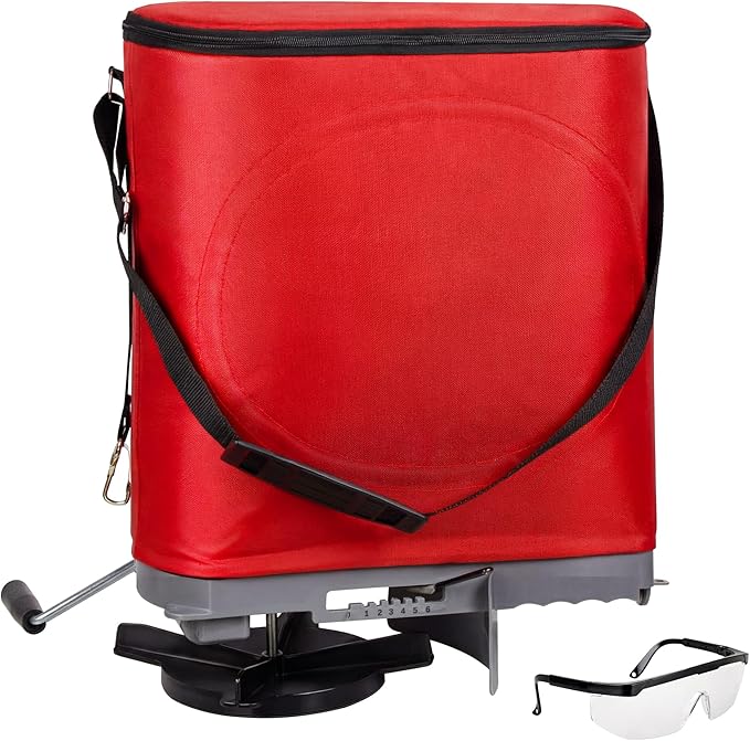 Walensee 25lb Handheld Bag Seed Spreader with Enclosed Metal Gears, Rear Baffle, Adjustable Flow Control, Durable Oxford Bag, Shoulder Strap, for Grass Seed and Fertilizer, Red