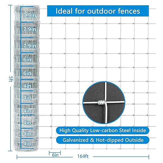 Farm Fence 5ft x 164ft Heavy Zinc Coating Cattle Fence,Galvanized Field Wire Fencing Deer Fence,Goat Fence,Hog Wire Fencing for Yard Livestock & Animals Protection
