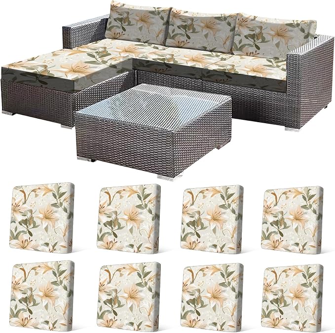 CALBODE 8 Pcs Stretch Outdoor Seat Cushion Covers, Washable Chair Seat Cover for Patio Furniture Cushions Soft Indoor and Outdoor Couch Cover Replacement (Lily, Cover Only)