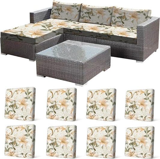 CALBODE 8 Pcs Stretch Outdoor Seat Cushion Covers, Washable Chair Seat Cover for Patio Furniture Cushions Soft Indoor and Outdoor Couch Cover Replacement (Lily, Cover Only)