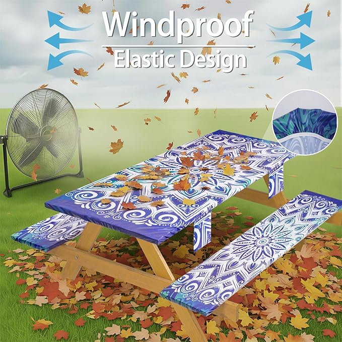 Fitted Waterproof Picnic Table Cover with Bench Covers Elastic Stain Resistant Camping Table clothes for 6Feet Rectangle Tables Outside Parties Necessities Gift Travel Trailers Trips Rv Things