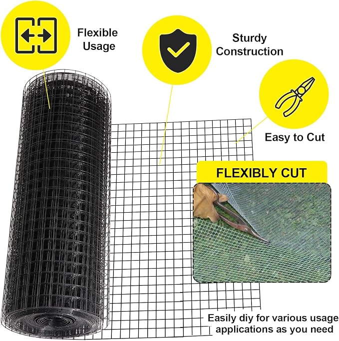 24'' x 25' 1/2inch Hardware Cloth 19 Gauge Black Vinyl Coated Welded Fence Mesh for Home and Garden Fence and Home Improvement Project