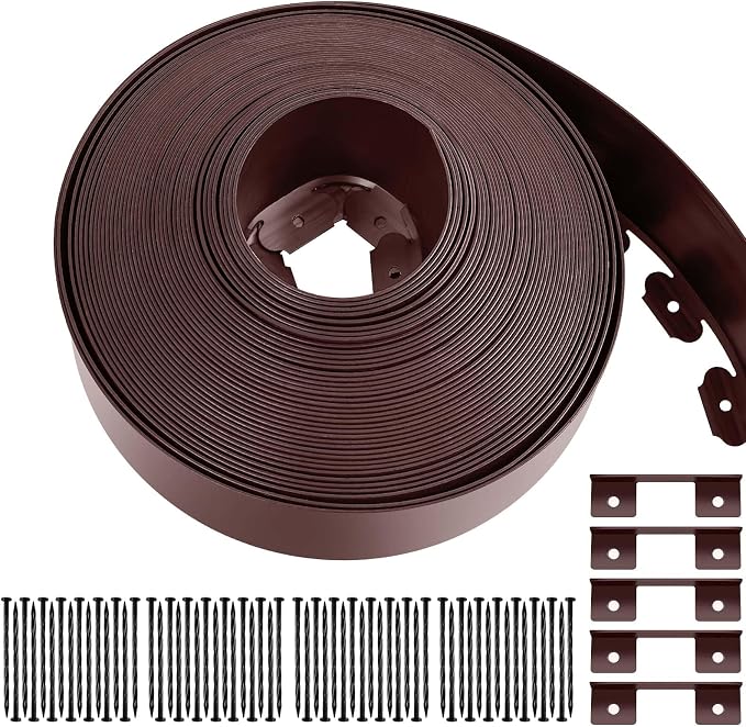 5'' x 100' Landscape Edging Kit Plastic Garden Edging Border Coil Include 90 Anchoring Spikes for Lawn Garden Grass Yard Home School,Brown