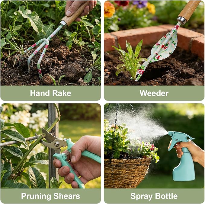 WANCHI Light Green Gardening Set, 10-Piece Garden Tool Kit with Trowel, Hoe, Shovel & Rake, Ideal Gardening Gift for Women, Mom, Grandma | Birthday Gifts for Her | Hand Tools for Small Gardens