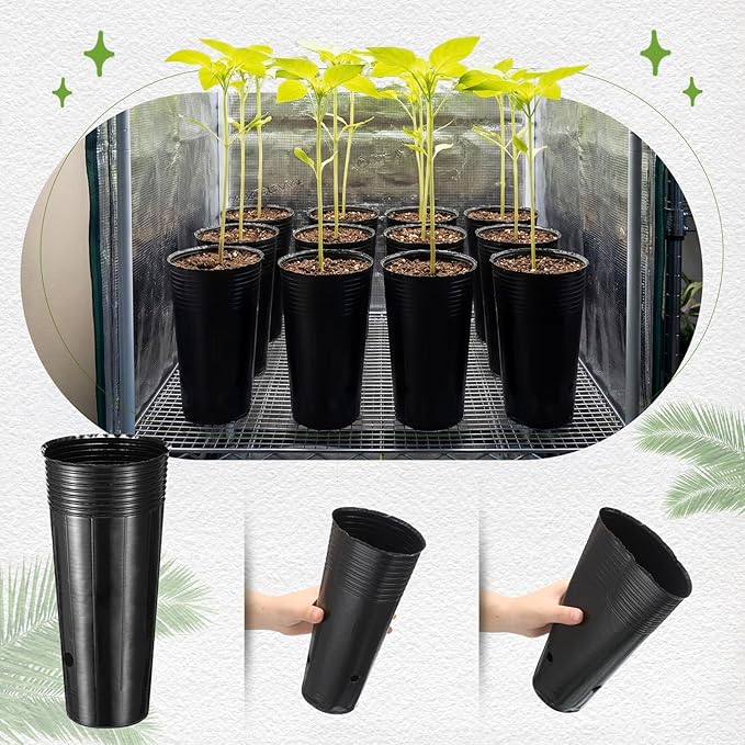 100 Pack Tall Tree Pot 9.8'' x 4.7'', Black Plastic Deep Nursery Pots, Soft Deep Seedling Pots for Seed Starting, Plant Starter Cups with Drainage Holes for Flowers, Cuttings Transplanting