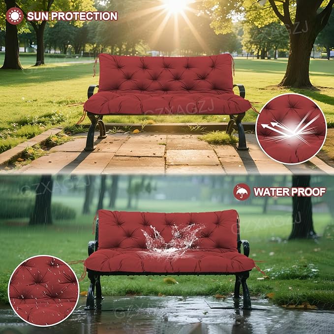 Porch Swing Cushions Outdoor 48 inch Waterproof Swing Cushion 3 Seater Replacement with Backrest and Ties Thicken 5" Bench Swing Cushions for Outdoor Furniture Patio(Wine Red48x40x5inch)