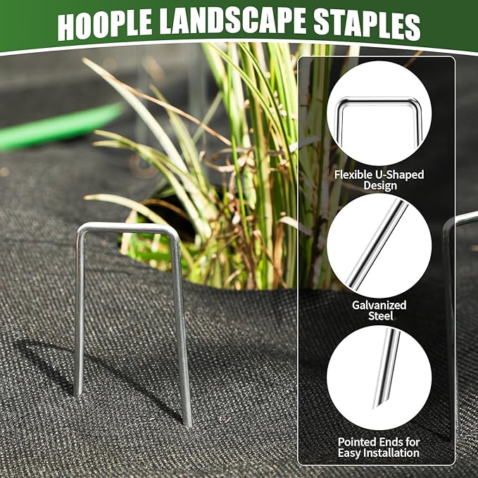 HOOPLE 100 Pack 8 Inch Landscape Staples 11 Gauge Heavy Duty Galvanized Garden Stakes, Sod Pins for Weed Barrier Fabric, Artificial Turf, Drip Irrigation, Lawn Edging & Ground Cover