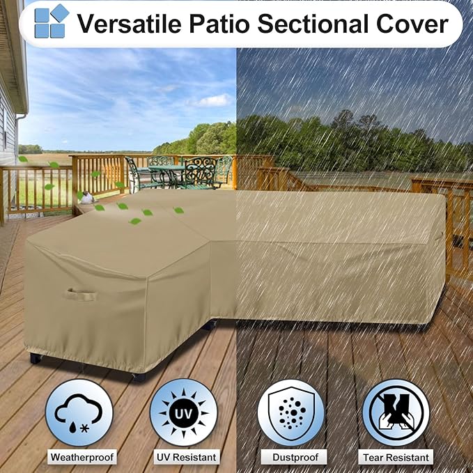 OutdoorLines Waterproof Outdoor Patio Sectional Cover - UV Resistant & Windproof L-Shaped Patio Furniture Covers for Deck, Lawn and Backyard, 420D Heavy Duty Couch Cover, Right Facing, 104"x83", Camel