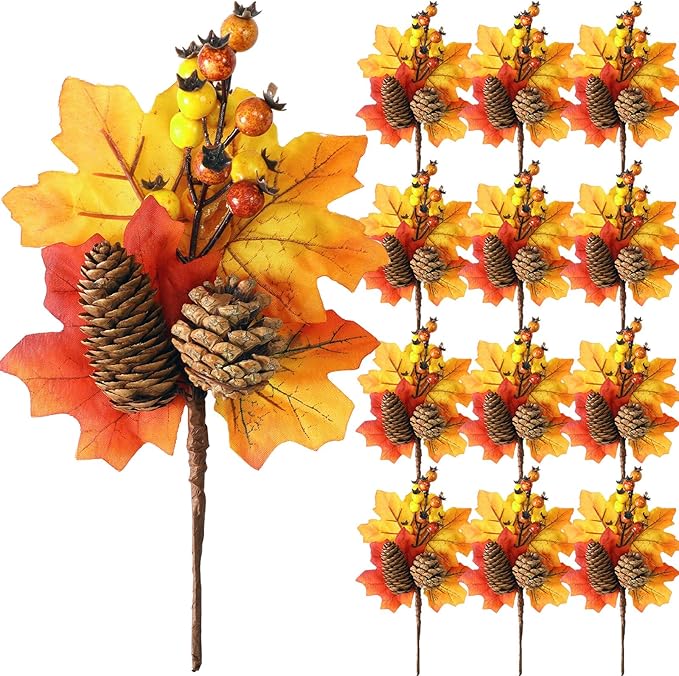 Boao 12 Pack Fall Stems Artificial Berry Picks Fall Picks with Maple Leaves Pine Cone Branches Decorations for Harvest Autumn Thanksgiving Day Flower Arrangements Wreaths Indoor Outdoor Home Decor