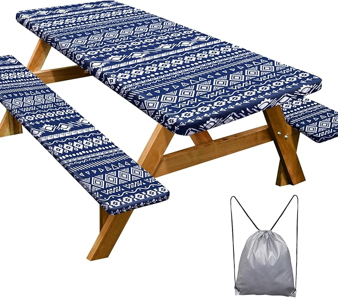 Picnic Table Cover with Bench Covers Camping Essentials Waterproof Windproof Camping Tablecloth with Drawstring Bag, Fitted Rectangle Tables and Seats, 72in, Bohemian Navy Blue